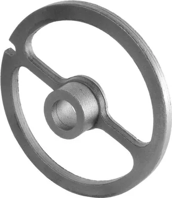 A gray metal wheel with a central hub and spokes, presented against a white background.