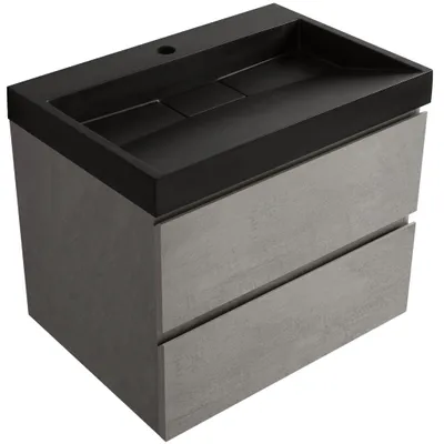Image de CERANO - Meuble de salle de bains Carole - gris béton + lavabo en marbre synthétique Vita - noir mat - avec trou - 70 x 58 x 46 cm