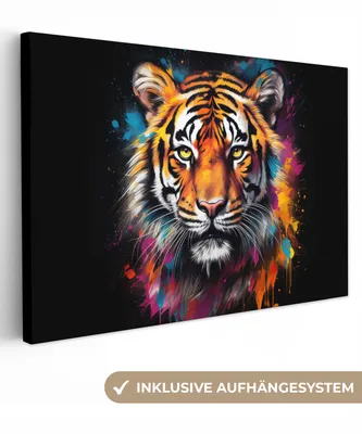 Produktbild von MuchoWow® - Leinwandbilder - Tiger - Graffiti - Tiere - Schwarz, Wandbild, Wanddeko Bilder Wohnzimmer, 90x60cm