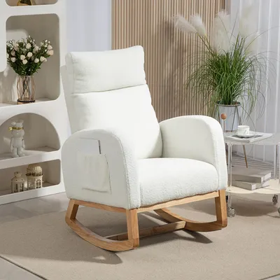 Produktbild von SUGIFT Schaukelstuhl mit dicker Polsterung, Relaxsessel Holzrahmen, Schwingsessel Teddystoff-Bezug, Cremeweiß | 70 x 96 x 107 cm | bis 120 kg | Seitentaschen