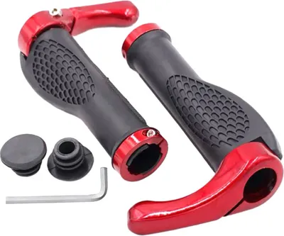 Obrázek produktu pro 2 kusy neklouzavých rukojetí na řídítka jízdního kola se speciálním ergonomickým designem, hliníková slitina, rukojeti elektrického kola, ochrana zápěstí, 1 pár gumových rukojetí pro horské kolo, BMX, MTB (červená)