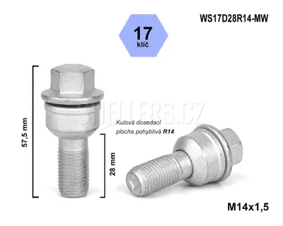 Obrázok produktu pre Skrutka kolesa M14x1,5x28 guľa R14 pohyblivá, kľúč 17, WS17D28R14-MW, výška 57,5 mm