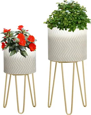 Two plant stands with potted plants on a white background.