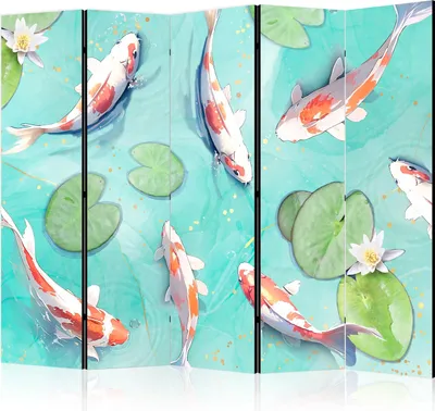 Produktbild von 5-teiliger Doppelseitiger Vlies Paravent - Spectacular Koi Fish - White-Orange Koi Fish Swimming in Crystal Clear Water With Water Lilies 225x172 cm Tiere g-C-10141-z-b