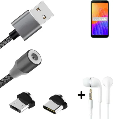Produktbild von K-S-Trade® Hochwertiges Magnet-Lade-kabel Sync-Kabel Daten-Kabel + Kopfhörer für Huawei Y5p mit USB-Typ-C-Anschluss und Micro-USB-Anschluss 2A bis