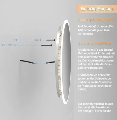 Produktbild von Badspiegel rund 90cm Warm/Neutral/Kaltweiß dimmbar Memory Touch/Wandschalter Beschlagfrei Runder Spiegel automatische Abschaltung