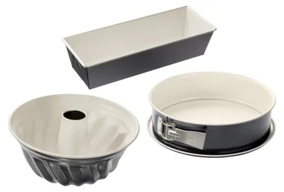 Productafbeelding van 3'er bakvormen-set met springvorm Ø 26, tulbandvorm Ø 22 en vierkante bakvorm 30 x 13 cm