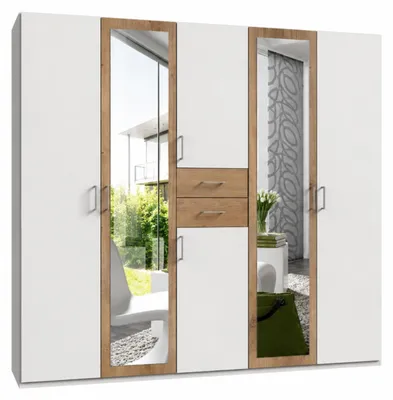 Produktbild von Drehtürenschrank Kleiderschrank 225 cm Schubkästen Spiegel Weiß und Eiche Nachbildung / 22591