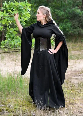 Image de Robe médiévale Isra avec manches en trompette, noir - Vêtements médiévaux LARP Viking Gothique Costume Taille : XL