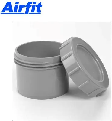 A gray plastic pipe end cap with a screw-on cap, shown on a white background with the brand name 'Airfit' in blue text above.