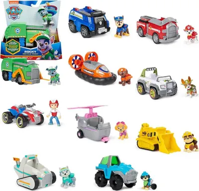 A collage of various Paw Patrol toy vehicles and figures.
