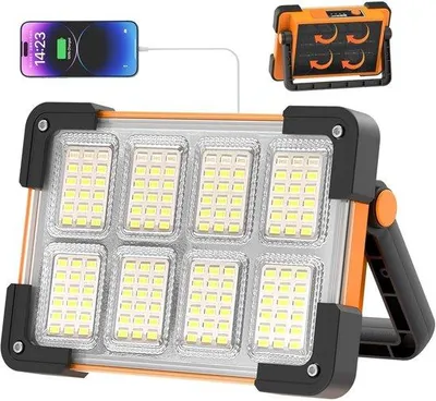 Image de Lampe LED pour chantiers - 4 modes - Lampe LED rechargeable à énergie solaire - Lampe de chantier USB étanche - Lampe LED portable pour le garage, le camping, l'entretien et les urgences