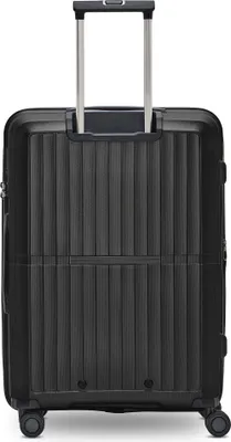A black trolley suitcase is shown from the back against a white background.
