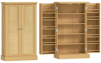 Produktbild von 104 cm Rattan-Küchenschrank mit 5-stufigem Regal, 12 Gewürzfächern und verstellbaren Böden, Natur