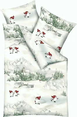 Produktbild von JACK by Kaeppel Fein Biber Bettwäsche 2 tlg. 135x200cm Schneewichtel Silber Berge Bäume Schnee Grün Weiß Rot