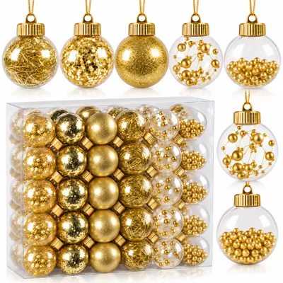 Produktbild von Weihnachtskugeln 6 cm Gold, 40er Set transparente befüllbare Christbaumkugeln mit 5 Designs, DIY Weihnachtsbaumschmuck mit Schraubverschluss