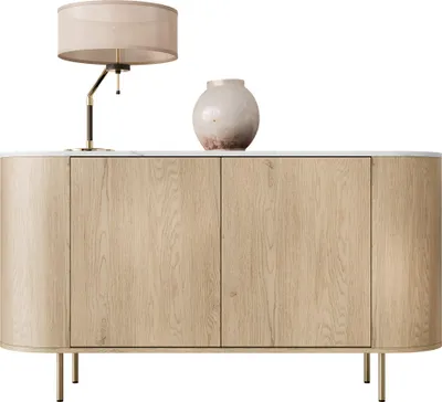 Produktbild von MIRJAN24 Türkommode Lygrint 140 2D, Stilvoll Wohnzimmer, Kommode mit zwei Drehtüren (Farbe: Eiche Cremona / Marmor Weiß + Gold)