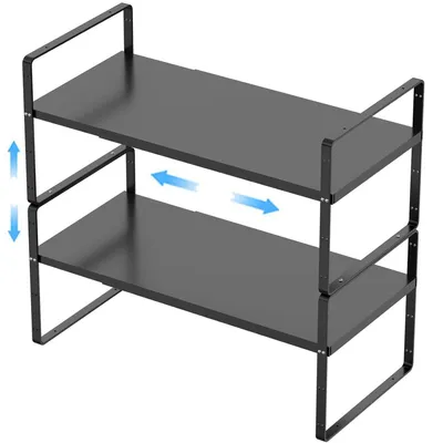Immagine prodotto di Organizzatore per scaffali da cucina, metallo, nero, set da 2, impilabile, espandibile, 41,9-69,8 cm