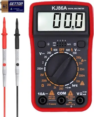 Produktbild von Multimeter, Durchgangsprüfer, Spannungstester, Batterietester, digitales Voltmeter, Ohm, Volt, Amperemeter, AC/DC-Spannung, Strom, Widerstand, Diode, Transistor, großes LCD-Display und Hintergrundbele