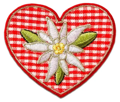 Produktbild von Karoherz Mit Edelweiß - Aufnäher, Bügelbild, Aufbügler, Applikationen, Patches, Flicken, Zum Aufbügeln, Größe: 6 x 5 cm