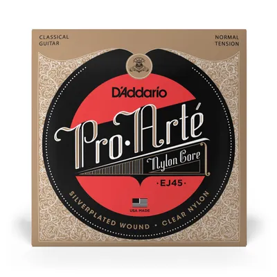 A product package for D'Addario Pro-Arte Nylon Core EJ45 guitar strings.