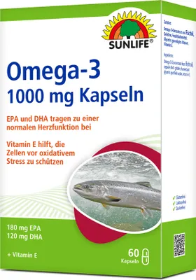 Produktbild von SUNLIFE® Omega 3 Kapseln 1000 mg 60 Stk Fischöl Herzgesundheit Nahrungsergänzung Gehirnfunktion Gesundheitsförderung + 180 mg EPA & 120 mg DHA