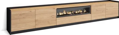 Image de Meuble TV, Banc Télé, Grand espace de Rangement, 310x37x50cm, Pour les TV jusqu'à 80", Cheminée électrique, Chêne et noir