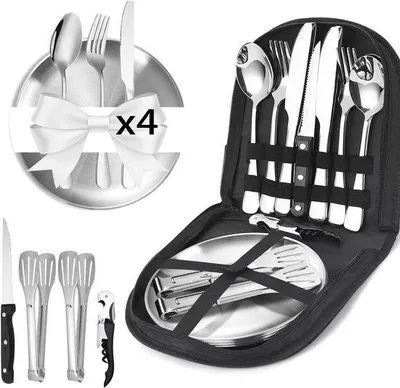 Productafbeelding van Campingservies - 4 Persoons - Roestvrij Staal - Inclusief Opbergtas - Voor Kamperen en Picknicken