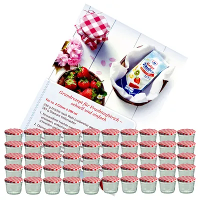 Immagine prodotto di set di 50 tumbler 230 ml barattolo per marmellata barattolo per conserve To 82 coperchio a scacchi rossi incl. libretto di ricette