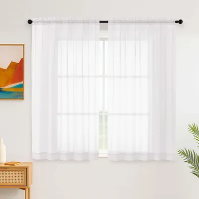 Productafbeelding van Transparante gordijnen - Halfdoorschijnend met lus voor gordijnstang - Raamdecoratie - Wit - Set van 2, afmetingen 137 cm hoog x 150 cm breed