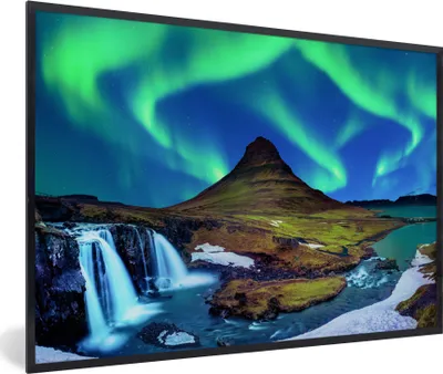 Produktbild von MuchoWow® Gerahmtes Poster Nordlicht - Sternenhimmel - Island - Berg - Grün - Wasserfall - See 60x40 cm - Poster mit Schwarzem Bilderrahmen Wandposter Rahmen Foto Bilder - Printing - Wanddeko Schlafzimmer