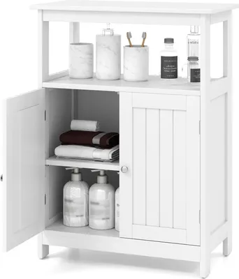 Produktbild von Badezimmerschrank / Badschrank - Freistehender Standschrank - Doppeltür - Verstellbarer Einlegeboden - Mehrere Ablagen - Weiß