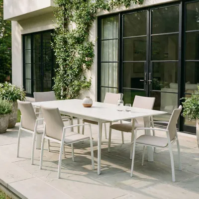 Produktbild von Gartenmöbel Set VERANO, weiß/beige - mit 6 Stühlen und ausziehbarem Gartentisch, Aluminium und wetterfeste Textilene, stapelbar, strapazierfähig, Outdoor-Möbel, Balkonmöbel, Terrassenmöbel