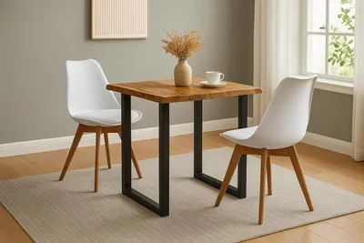 Produktbild von 3-TLG. Essgruppe Quinn | Esstisch mit 2 Stühlen | 90x90 cm | Esstisch mit echter Baumkante | Akazienholz massiv + Naturfarben | U-Gestell Schwarz | 2X Schalenstuhl Weiß