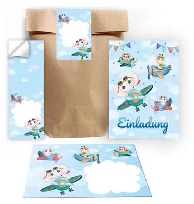 Einladungskarten-Set Tiere, 12 Karten + Umschläge + Tüten + Sticker