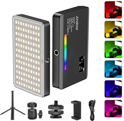 Produktbild von Andoer Y140 RGB-LED-Videoleuchten-Set, Taschen-Videokonferenzbeleuchtung, CRI95+, 2500šC9000 K, dimmbar, 26 Lichteffekte mit Desktop-Stativ, Kugelkopf, Telefonhalter, Computer-Clip, Kaltschuh-Adapter fuer mobiles Vlog, Live-Streaming, Online-Meeting