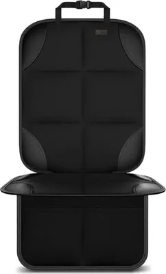 A black car seat protector is laid flat, showing its full coverage design.