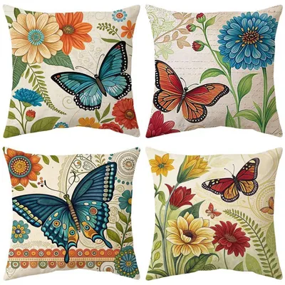 Immagine prodotto di Cuscini decorativi 45x45 cm, set da 4, in velluto, motivo floreale primaverile, ideali per divani