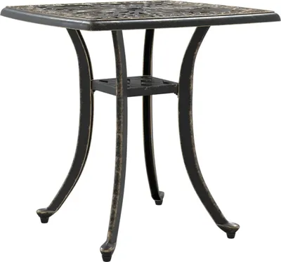 A square outdoor table with a decorative top and curved legs, shown against a white background.