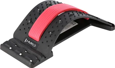 A black and red back stretcher device is shown against a white background.