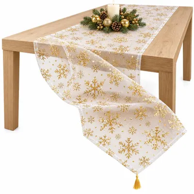 Produktbild von Tischläufer Weihnachtlich Weihnachtstischläufer Tischband Gold Schneeflocken 178 x 33,5 cm mit Quaste