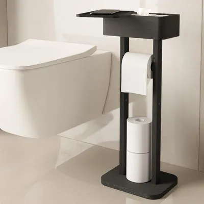 Image de Porte-papier toilette sur pied avec boîte de rangement et table d'appoint - Multifonctionnel en bambou