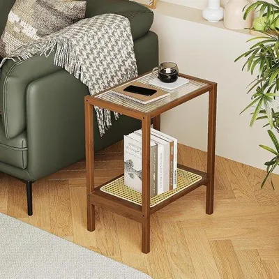 Obrázek produktu pro dvouvrstvý ratanový stolek do malých místností - noční stolek s úložným prostorem - bambus a sklo - boho styl - ložnice a obývací pokoj
