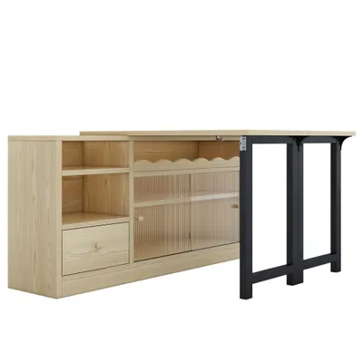 Produktbild von Klapp-Esstisch mit Stauraum, 360° drehbare Tischplatte, multifunktionaler Schrank mit Riffelglastüren, platzsparendes Design