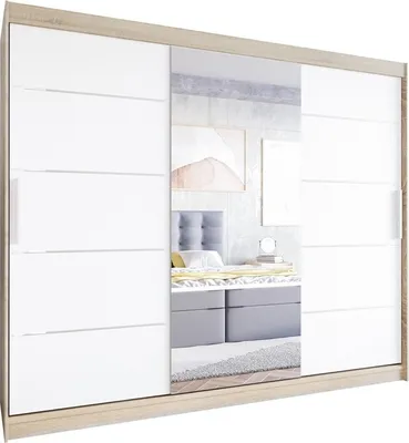 Produktbild von Easy4You LVI 250 cm Sonoma/Weiß Schiebetüren Kleiderschrank 250x215x58 cm mit Spiegel - Schlafzimmermöbel, Aufbewahrung - Mehrzweckschrank