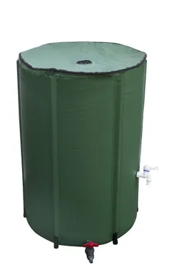 A green collapsible water tank with two spigots.