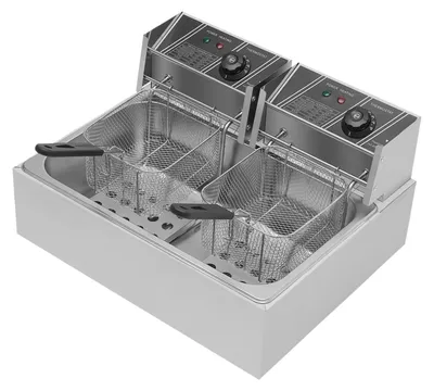 Zdjęcie produktu dla Elektryczna frytkownica stołowa – pojedynczy zbiornik – 12 l – 2 kosze – 3,2 kW – 60–200 °C – stal nierdzewna – jasnoszary