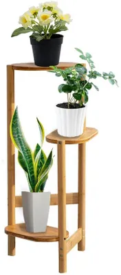 Image de Jardinière surélevée en bois à 3 niveaux, étagères en angle pour fleurs, escalier à fleurs pour l'intérieur et l'extérieur, supports à fleurs à plusieurs niveaux avec escalier pour le jardin, le balcon et le salon