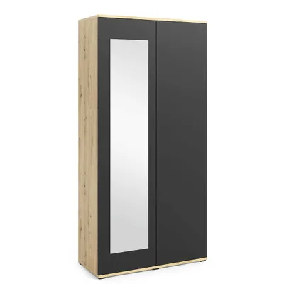 Produktbild von Kleiderschrank 90 cm "Modulo" 2-türig mit Spiegel, Mehrzweckschrank, Artisan/Schwarz, Push-to-Open-System, Modernes Design