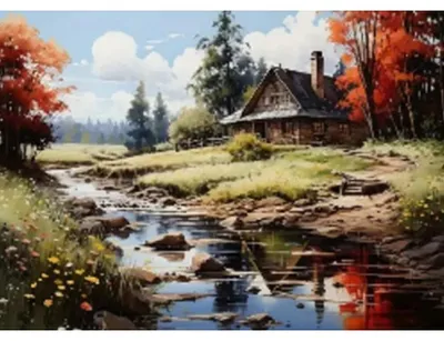 Produktbild von Malen nach Zahlen: Landschaft mit Häuschen am Fluss, 40x50 cm, auf Leinwand und bereits auf Keilrahmen gespannt